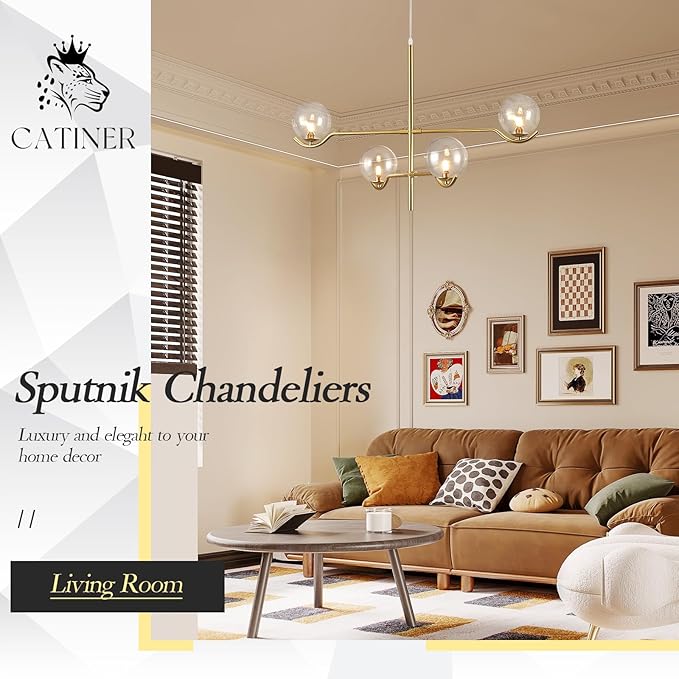 CATINER 4 Lights Gold Sputnik Chandelier, Modern Large L31 '' Mid Century Long Ceiling Pendant Light Fixtures with Clear Glass Globe Shades for High Ceiling Living Room Foyer Dining Room Bedroom