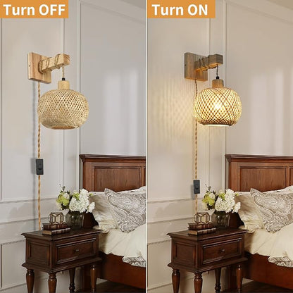 Boho Hanging Wall Light Plug in,Vintage Farmhouse Wall Sconces Set of Two with Rattan Shade for Bedroom Living Room-White