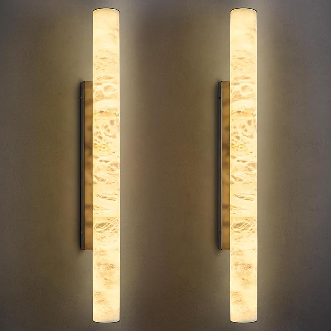 LMQNINE Natural Alabaster Wall Sconces Set of Two Spanish Marble Wall Light Cylinder Modern Black LED Sconce for Living Room Bedroom Bathroo Stairs（L-2Pack）