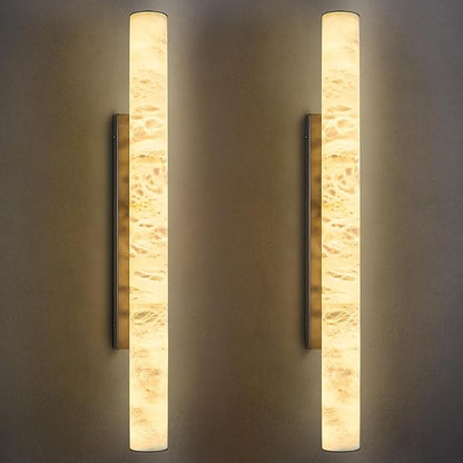 LMQNINE Natural Alabaster Wall Sconces Set of Two Spanish Marble Wall Light Cylinder Modern Black LED Sconce for Living Room Bedroom Bathroo Stairs（L-2Pack）