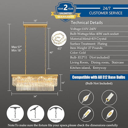 Weesalife Crystal Chandeliers for Dining Room Light Fixtures Over Table，11-Lights Gold Modern Rectangle Chandeliers for Kitchen Island Bar L33.5 Inch