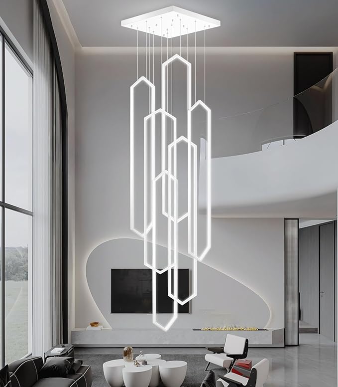 6-Rings Modern Chandelier White Large Contemporary LED Dimmable Light for Living Room Entrance High Ceiling Chandeliers with Remote Control for Villa Foyer