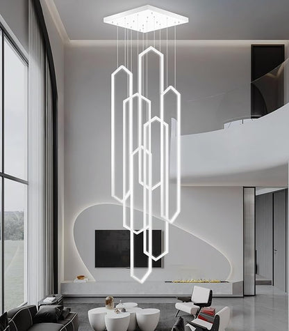 6-Rings Modern Chandelier White Large Contemporary LED Dimmable Light for Living Room Entrance High Ceiling Chandeliers with Remote Control for Villa Foyer