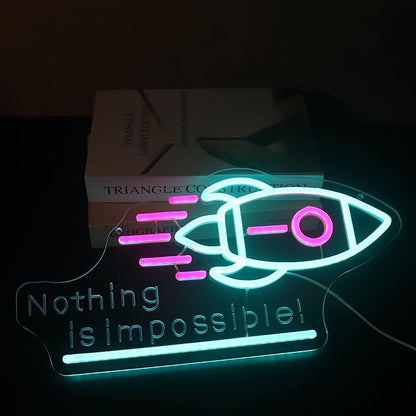 "Nothing Is Impossible!" Rocket Neon Light for Gaming Room Office – Motivational LED Wall Art, Dimmable USB Space-Themed Decor for Study Gym, Inspiring Gift for Gamers Teens Entrepreneurs