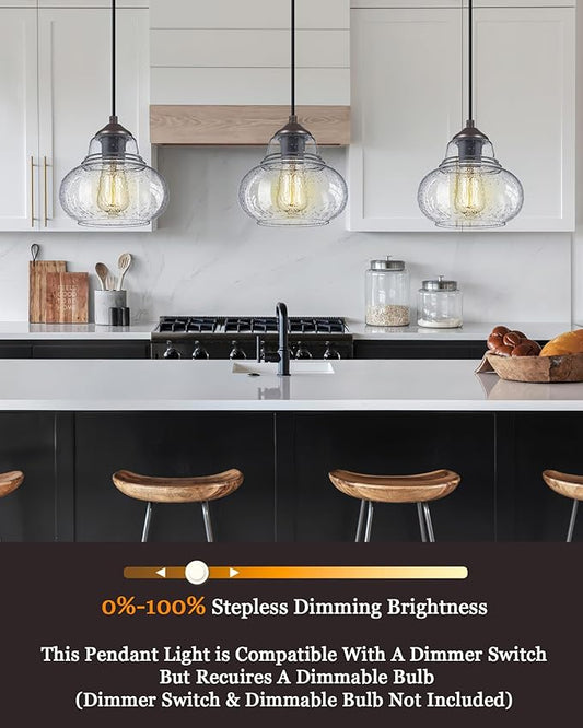 ELYONA 2 Pack Bubble Glass Pendant Lights, 8 Inch Vintage Hanging Lamp Seeded Glass Industrial Pendant Light Fixtures for Kitchen Island, Farmhouse, Bar, Bathroom, Dining Room, Oil Rubbed Bronze