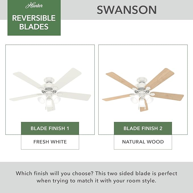 Hunter 52 inch Indoor Ceiling Fan with LED Lights - White Ceiling Fan with Pull Chain, For Bedroom, Living Room, or Kitchen, Standard Mount, No Remote, 5 Blades - Swanson 50895, Fresh White