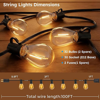 GvvooHome LED Outdoor String Lights, 100FT Waterproof Patio Lights with 32 Shatterproof S11 Plastic Bulbs, 2700K Warm White Edison Hanging Lights for Backyard, Garden, Porch, Bistro
