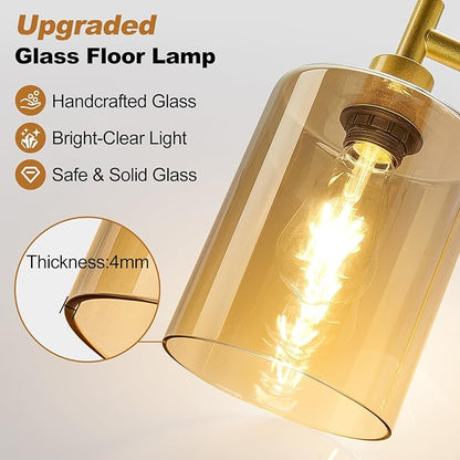 【Upgraded】Dimmable Floor Lamps for Living Room with Amber Glass Shade, Modern Industrial Floor Lamp with 900LM Bulb Included, Glass Standing Tall Lamp for Bedroom, Office, Reading Room, Corner, Black
