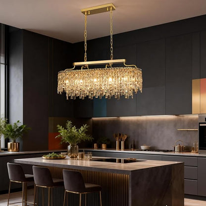 12-Lights Modern Gold Crystal Chandeliers for Dining Room Light Fixtures Over Table | L36" Luxury Crystal Chandeliers for Kitchen Island | Oval Hanging Lighting for Living Room Bedroom Bathroom