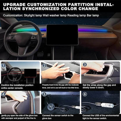 Acrylic Interior Car LED Strip Light with 30S Motion Sensor Switch&USB Hub, Dreamcolor 55.1 inches Ambient Lighting Kits, RGB Colors Neon LED Strip Light