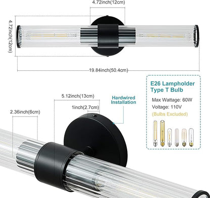 Bathroom Light Fixtures 2 Pack Hardwired, Black Wall Sconce Threaded Glass Vanity Light Featuring Two E26 sockets, Bathroom Wall Light Dimmable - Bulb Not Included, UL Certification
