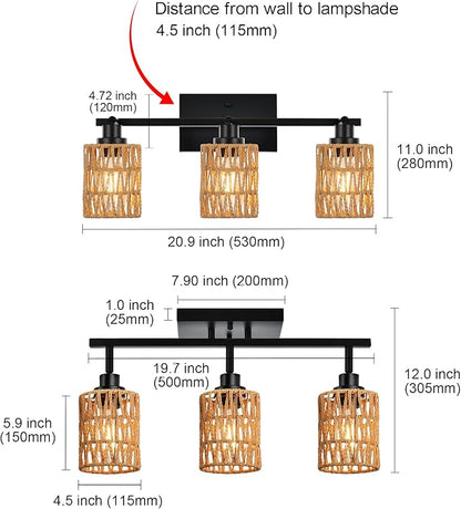 MELUCEE 3 Light Track Lighting Fixtures Ceiling, Black Farmhouse Vanity Lighting Fixtures with Rotatable Light Head for Hallway Porch Foyer Bath Storage, Rattan Lamp Shade