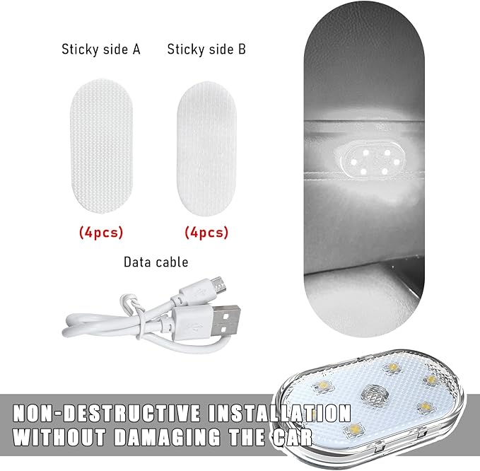 KVAEY 4 PCS Car LED Lights Interior Wireless, 7 Colors Magnetic Auto Ambient Light with 6 Bright LED Lamp Beads, Portable USB Rechargeable Vehicle Interior Led Night Light (White, Sticky, 4pcs)