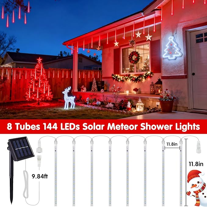 JMEXSUSS Red Solar Christmas Lights Outdoor, 8 Tube 144 LEDs Solar Meteor Shower Rain Lights, Red Twinkle Light for Tree Eaves Fence Christmas Decorations