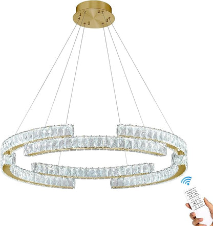D24'' Modern Gold Crystal Ring Chandeliers for Living Room Dinning Room Crystal Pendant Light Dimmable 3000k-6000k