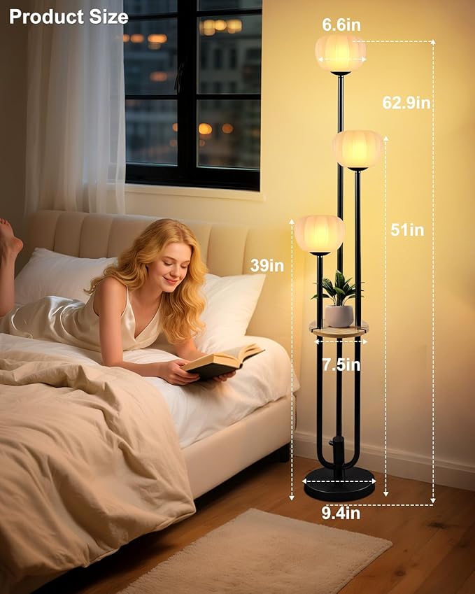 Black Floor Lamp Dimmable Modern Floor Lamps with Pumpkin Lampshade & Table, 3000K Soft Warm White Bulbs Included, 3-Light Tall Standing Lamp with 5Lbs Heavy Base for Living Room/Bedroom