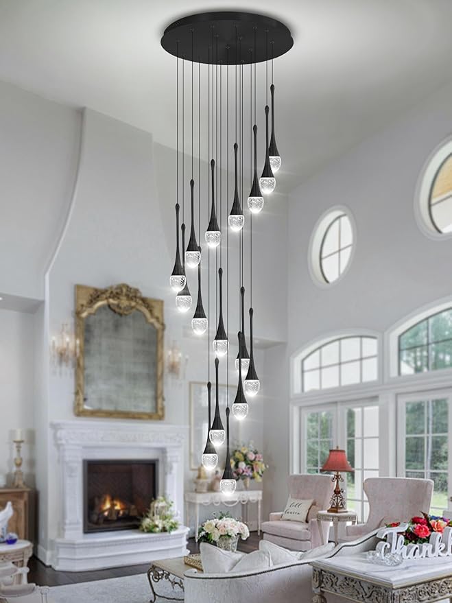 ykolupty Modern Crystal Chandeliers LED Dimmable Stairwell Chandelier Black Teardrop Chandelier Large Pendant Light for Entryway Foyer Living Room