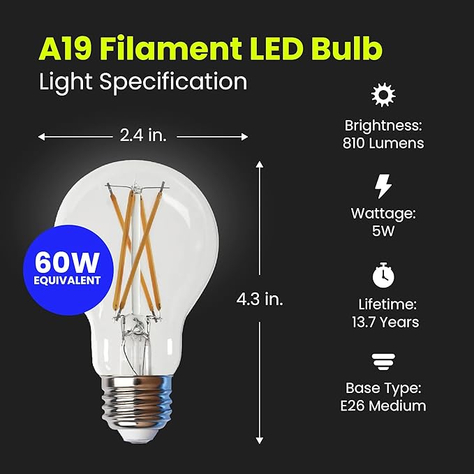 Feit Electric LED Clear A19 Medium Base Light Bulb - 60W Equivalent - 15 Year Life - 810 Lumen - 2700K Soft White - Dimmable (Pack of 48)