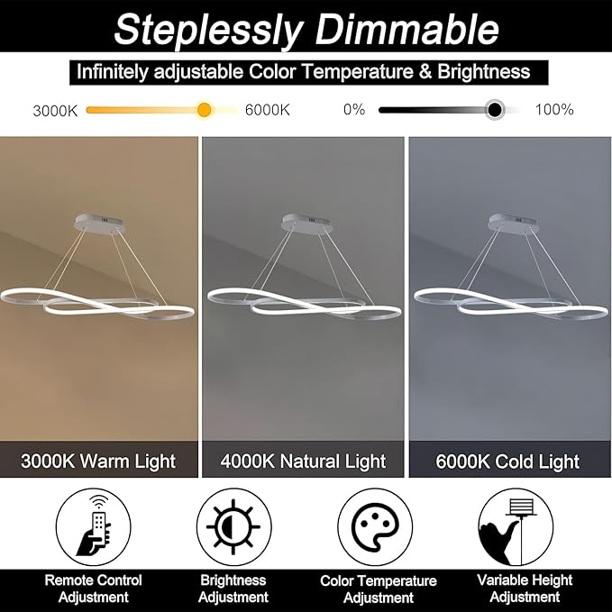 Dimmable Modern LED Chandelier Contemporary Led Pendant Light Fixture Color Temperature 3000K-4000K-5000K Creative Design Kitchen Chandelier Light Fixture Adjustable Hanging Lamp