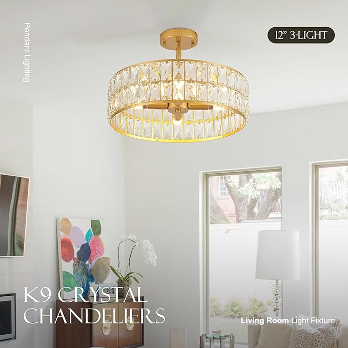 16” 4-Light Modern Crystal Chandeliers Gold Dinning Room Light Fixture, Round Pendant Light Kitchen Island Chandelier, Flush Mount Ceiling Light for Living Room Entryway Bedroom Foyer