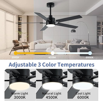 LANMEL 52'' Black Ceiling Fans with Lights and Remote, 6 Speed Low Profile Modern Ceiling Fan with Quiet DC Motor for Indoor Outdoor Bedroom Living Room