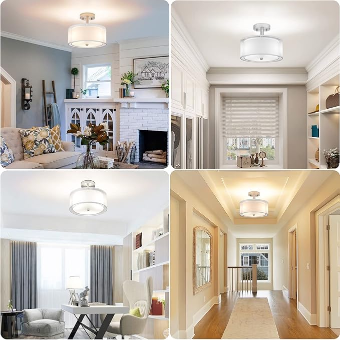 FOLKSMATE 3-Light Semi Flush Mount Ceiling Light Fixture, 16 Inch Drum Light with Double Fabric Shade, Modern Close to Ceiling Lamps for Dining Room Kitchen