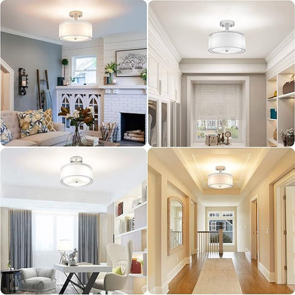 FOLKSMATE 3-Light Semi Flush Mount Ceiling Light Fixture, Drum Light with Double Fabric Shade, Modern Close to Ceiling Lamps for Dining Room Kitchen