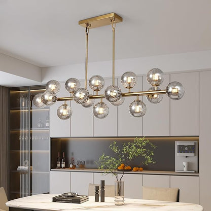 Brass Gold Rectangle Chandelier Modern Chandelier Smoke Grey Globe Glass Pendant Light Fixture Adjustable for Dining Living Room Kitchen Island Over Table 16-Light 50''