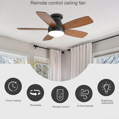 JSAITEE Ceiling Fans with Lights, 42 Inch Low Profile Ceiling Fan with Light and Remote/App Control, Flush Mount, Reversible, 3CCT, Dimmable, Noiseless, Brown Ceiling Fan for Indoor/Outdoor Use