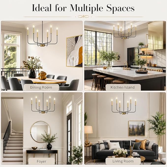 DORESshop 6-Light Black and Gold Farmhouse Chandeliers for Dining Room, Light Fixture Adjustable Height, Industrial Modern Chandeliers for Living Room, Bedroom and Foyer