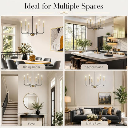 DORESshop 6-Light Black and Gold Farmhouse Chandeliers for Dining Room, Light Fixture Adjustable Height, Industrial Modern Chandeliers for Living Room, Bedroom and Foyer