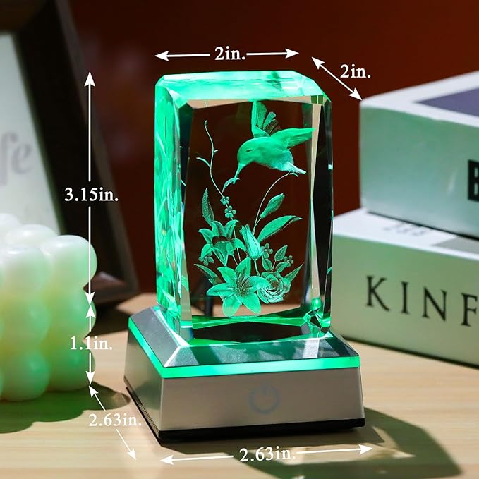 3D Hummingbird Mothers Day Gifts for Mom Women Glass Figurines Crystal Humming Bird Lily Flower Statue Home Decor with Light Base, Present for Nature Lovers on Birthday Christmas
