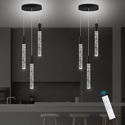 Modern Crystal Chandelier 3-Lights, Spiral LED Raindrop Kitchen Island Pendant Lighting, Bubble Foyer Dinimg Room Hanging Light Fixture Remote Control Black