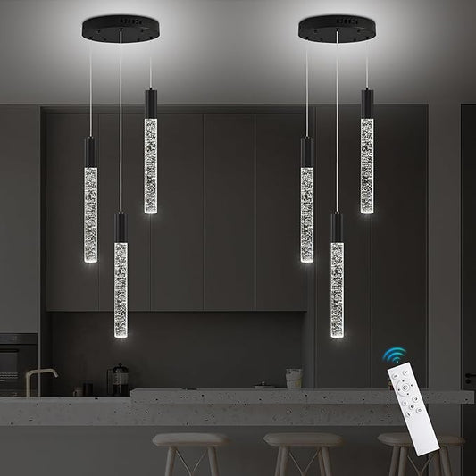 Modern Crystal Chandelier 3-Lights, Spiral LED Raindrop Kitchen Island Pendant Lighting, Bubble Foyer Dinimg Room Hanging Light Fixture Remote Control Black