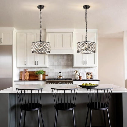 Black Crystal Chandelier, 3-Light Morden Dining Room Light Fixture,12.4" Small Round Semi Flush Mount Chandeliers for Kitchen Foryer Entryway Hallway Living Room Bedroom (ETL Listed)