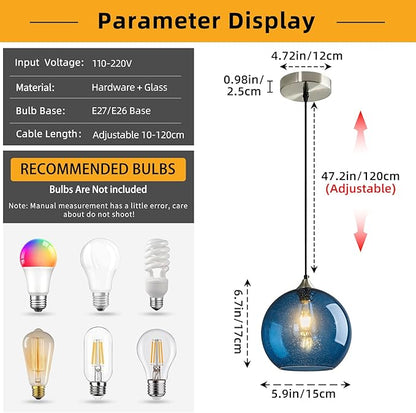 Mikeru Glass Globe Pendant Light Single, 5.9 Inch Blue Bubble Glass Hanging Lamp, Mid Century Modern Pendant Lighting for Kitchen Island Dining Room Bedroom (Bulb Not Included)