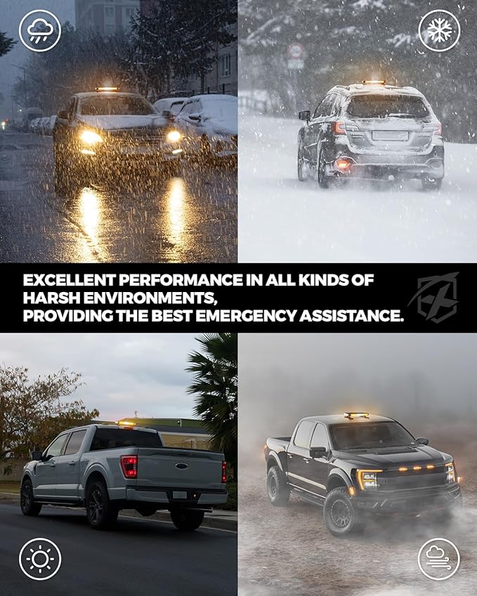 Xprite White Amber LED Rooftop Emergency Strobe Light Bar, 21 Flashing Modes Hazard Caution Warning Beacon Safety Lightbar with Magnetic Base for Construction Vehicles Tow Trucks Snow Plow Vans