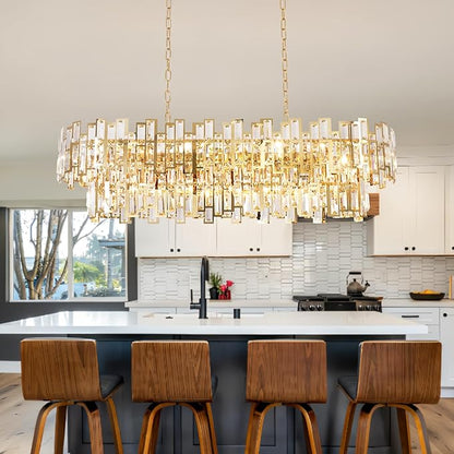 Rectangle Gold Crystal Chandeliers for Dining Room 2-Tier 15 Lights Modern Chandelier Luxury Rectangular Oval Preinstalled Top K9 Crystal Contemporary Pendant Lighting Fixture 43.3"