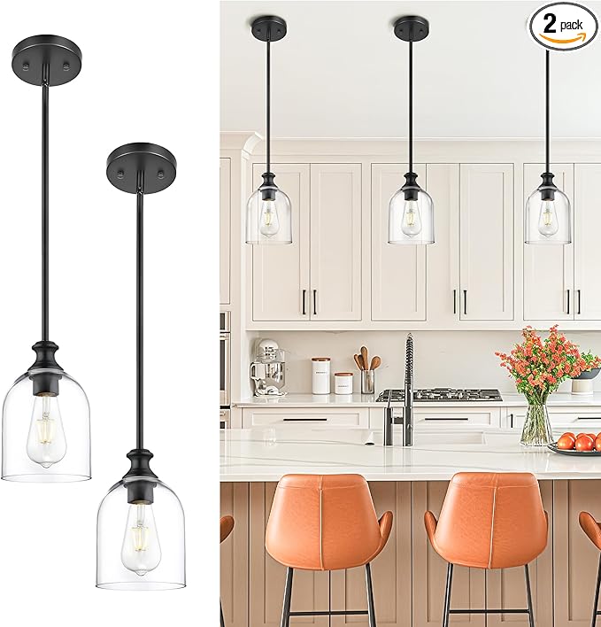 AUTELO 2 Pack Matte Black Pendant Lights, Hanging Lamp with Clear Cylinder Glass, Modern Pendant Lights Kitchen Island with Adjustable Rods, H2511 CLBK 2PK