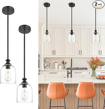 AUTELO 2 Pack Matte Black Pendant Lights, Hanging Lamp with Clear Cylinder Glass, Modern Pendant Lights Kitchen Island with Adjustable Rods, H2511 CLBK 2PK