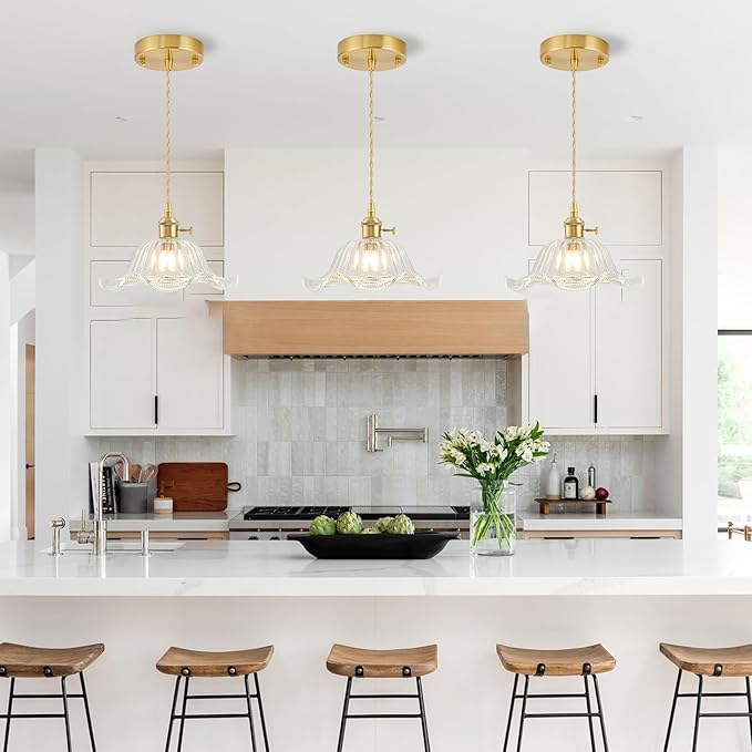 Vintage Pendant Lights Kitchen Island 3 Pack, Adjustable Pendant Light Fixtures with Transparent Lily Glass Lampshade, Gold Kitchen Pendant Lighting Over Island, Pendant Light for Dining Room Hallway