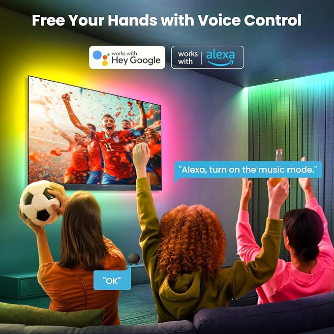 26.25ft LED Lights for 75-100 Inch TV, RGB+IC TV Lights Backlight Strip Behind, with 44 Scene Modes, Bluetooth APP and Voice Control, Music Sync Smart Ambient Lighting for Gaming, Bedroom, Living Room