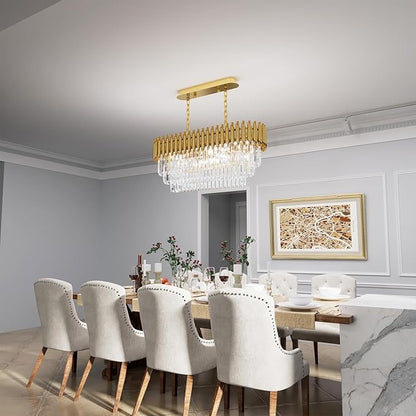 31.5" 8-Light Gold K9 Crystal Chandelier, Luxury Rectangular Raindrop Pendant Light with Adjustable Chain, Hanging Chandeliers for Dining Room, Kitchen Island, Living Room