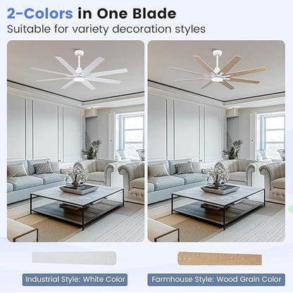 Newday 62 Inch White Ceiling Fan with Light and Remote, 8-Blade 8500 CFM High Airflow DC Motor, 3 CCT Dimmable LED, Reversible White/Oak Blades, 3 Downrods (6"/12") for High Ceiling Living Room Patio