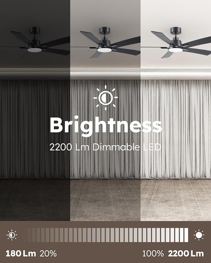 52 Inch Ceiling Fans with Lights and Remote, Black Ceiling Fan, Downrod Style with 5 Blades, Modern Design For Indoor Bedroom Living Room/Outdoor, 6 Speed Reversible DC Motor, 3CCT Dimmable LED