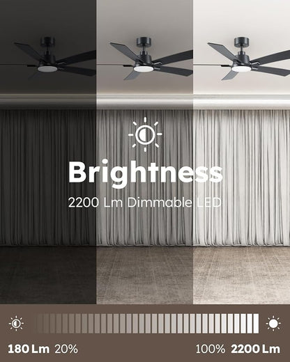 52 Inch Ceiling Fans with Lights and Remote, Black Ceiling Fan, Downrod Style with 5 Blades, Modern Design For Indoor Bedroom Living Room/Outdoor, 6 Speed Reversible DC Motor, 3CCT Dimmable LED