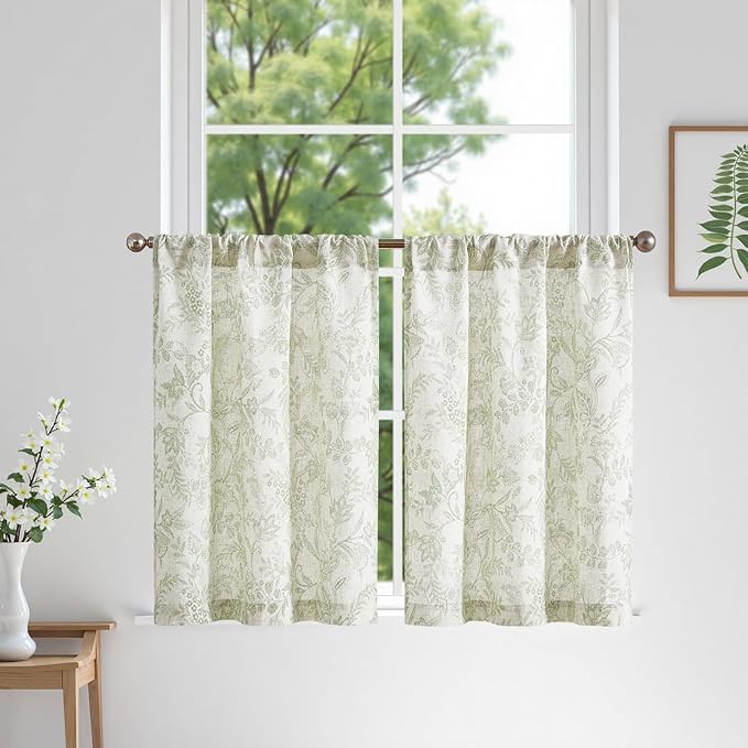 jinchan Floral Kitchen Curtains for Windows 30 Inch Farmhouse Linen Blend Tier Curtains Light Filtering Botanic Small Window Drapes for Bedroom Living Room Rod Pocket 2 Panels Sage Green on Beige
