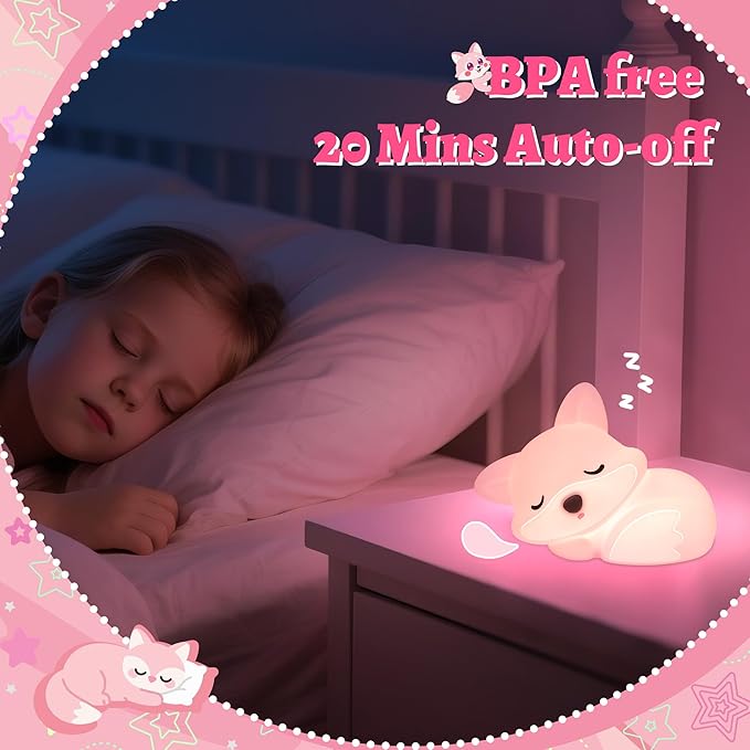 OkiyiD Pink Fox Night Light Toy Gifts for Girls, Cute Fox Squishy Lamp for Daughter Gifts, Dimmable Rechargeable Silicone Animal Night Light, Sweet Birthday Xmas Gift for Girls Room Pink Decor