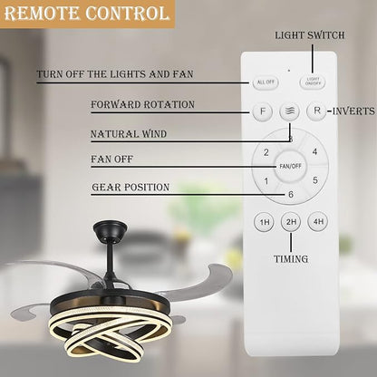 DatingDay 42" Invisible Ceiling Fan Chandelier Light,Modern Crystal DIY Ceiling Fan Light Remote Control 4 Retractable ABS Blades for Bedroom Living Dining Room Decoration (42", Black)