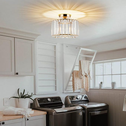 HOPGGIE 10.6 Inch Gold Chandelier Flush Mount Ceiling Light Mini Small Crystal Chandeliers Modern Hallway Light Fixtures Ceiling for Entryway Bedroom Bathroom Kitchen